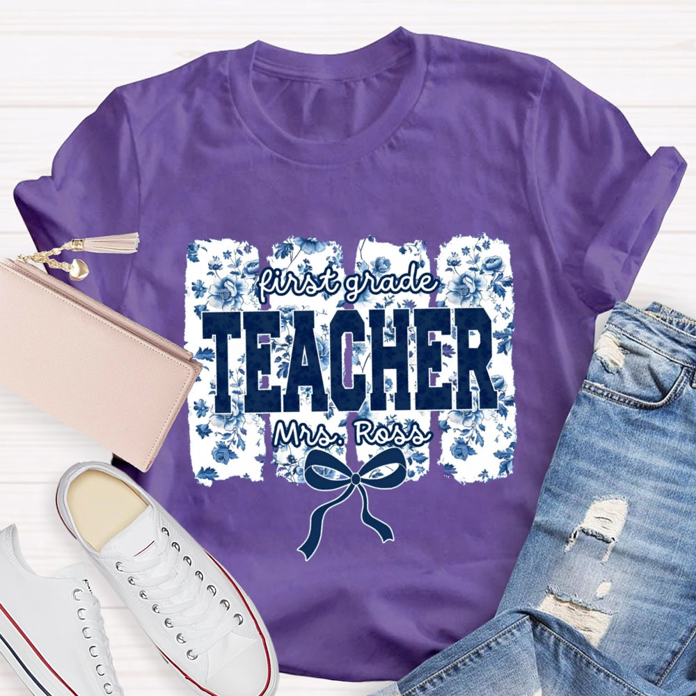 Personalized Grade And Name Blue Floral Bow T-shirt