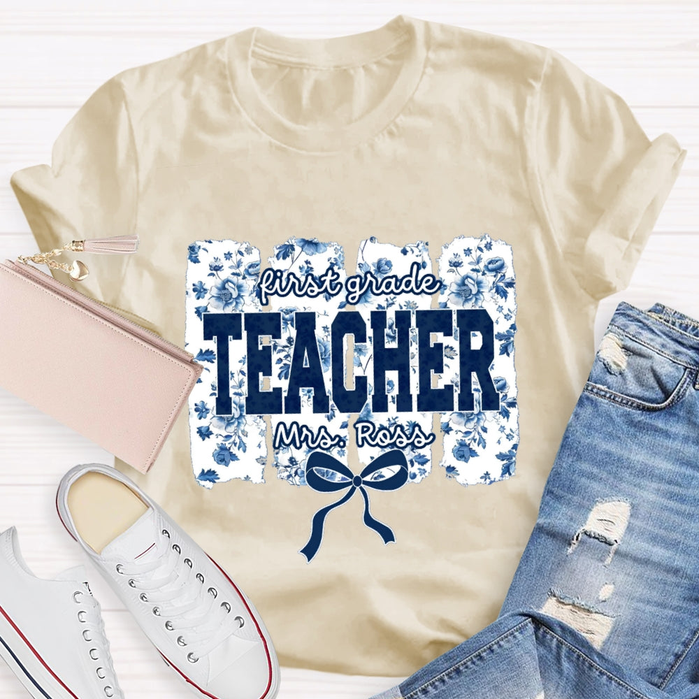 Personalized Grade And Name Blue Floral Bow T-shirt