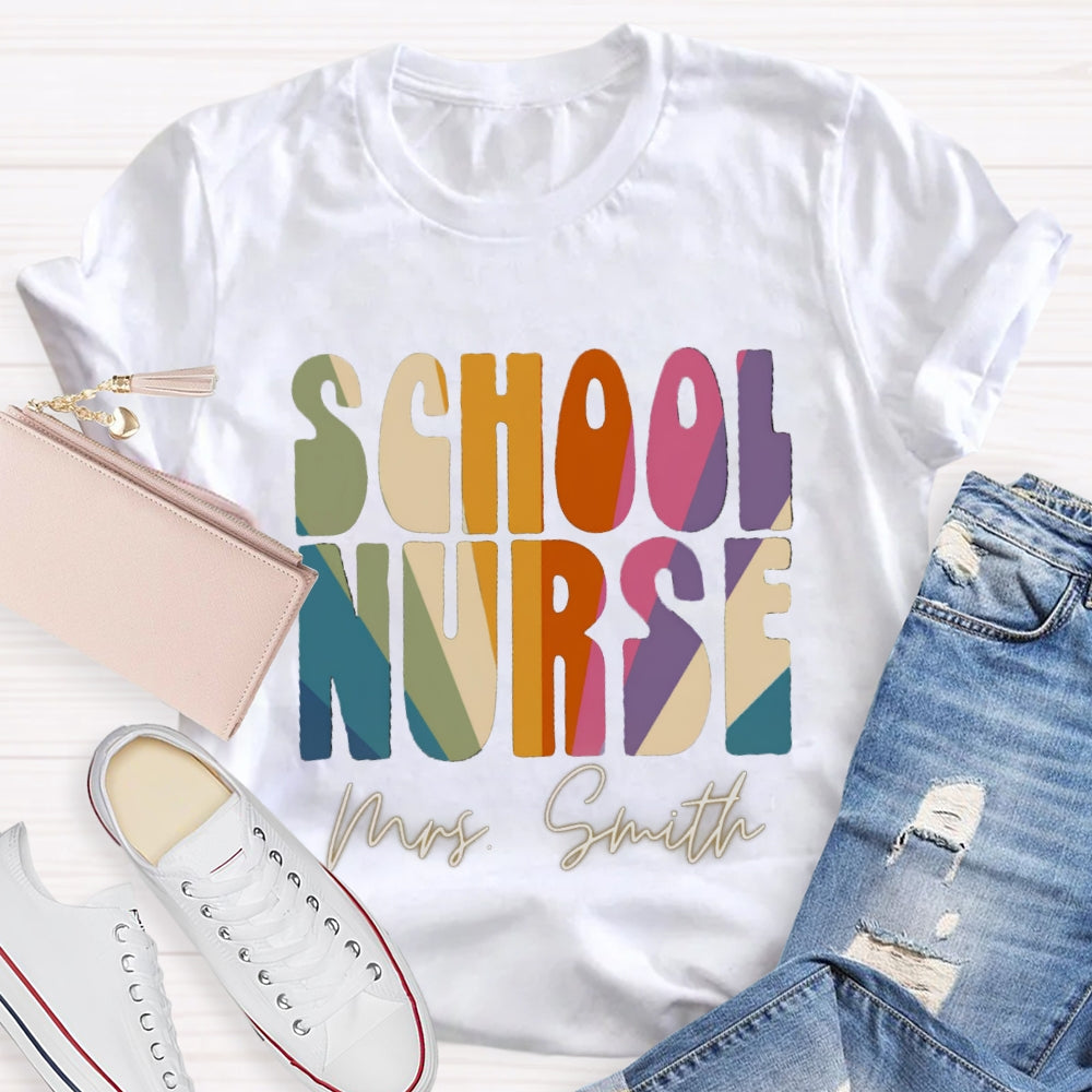 Personalized Name School Nurse Colorblock Letter Print T-shirt