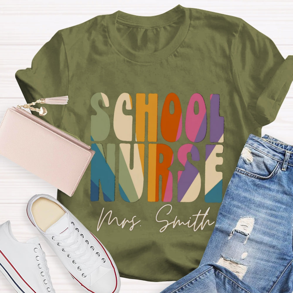 Personalized Name School Nurse Colorblock Letter Print T-shirt