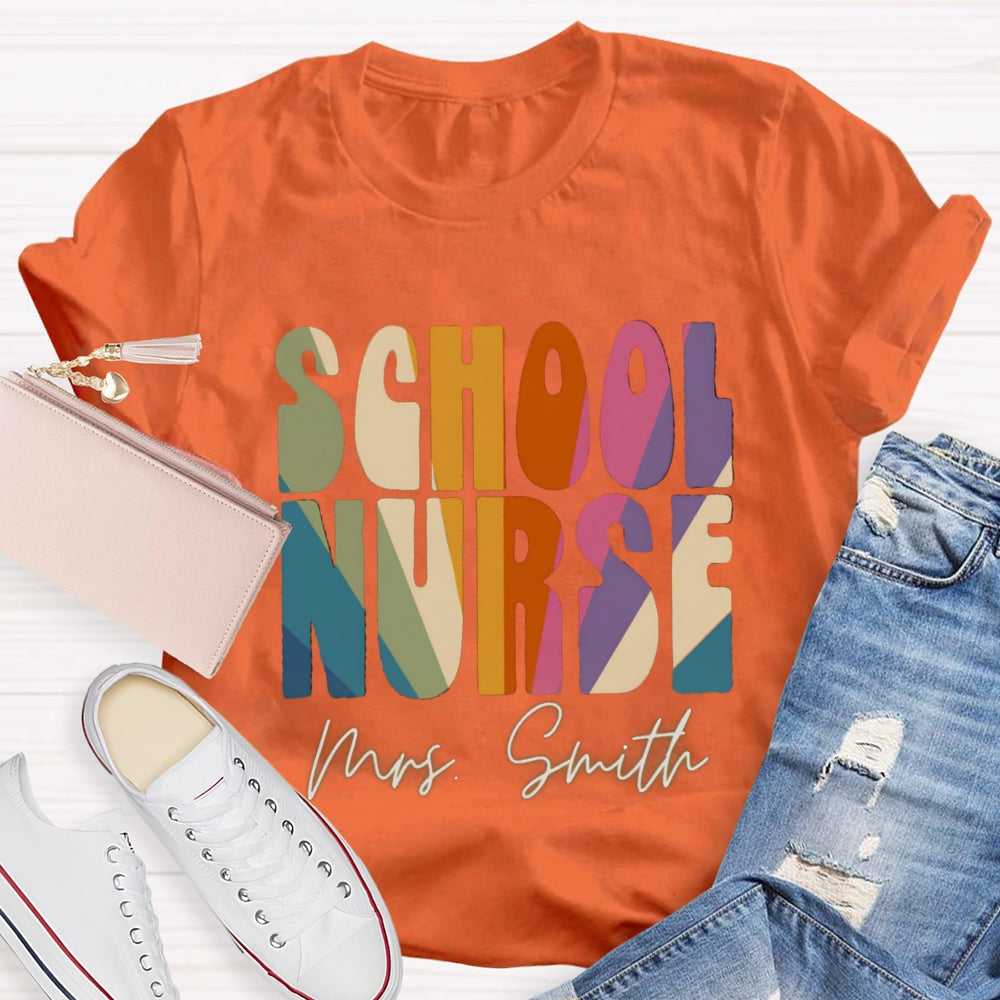 Personalized Name School Nurse Colorblock Letter Print T-shirt