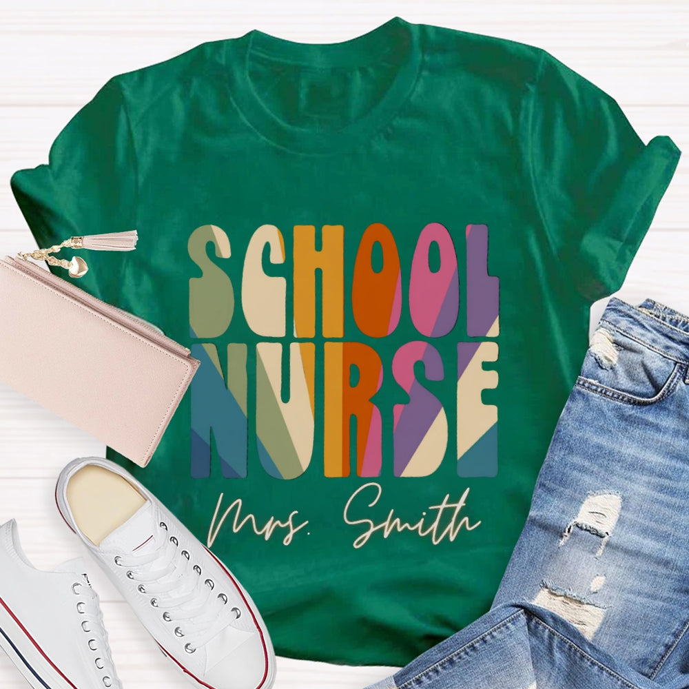 Personalized Name School Nurse Colorblock Letter Print T-shirt