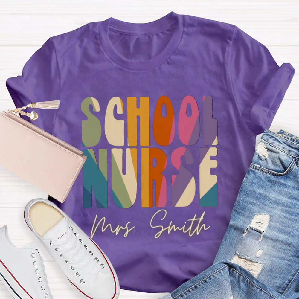 Personalized Name School Nurse Colorblock Letter Print T-shirt