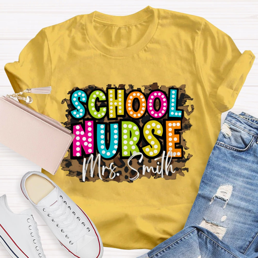 Personalized Name School Nurse Leopard Print T-shirt