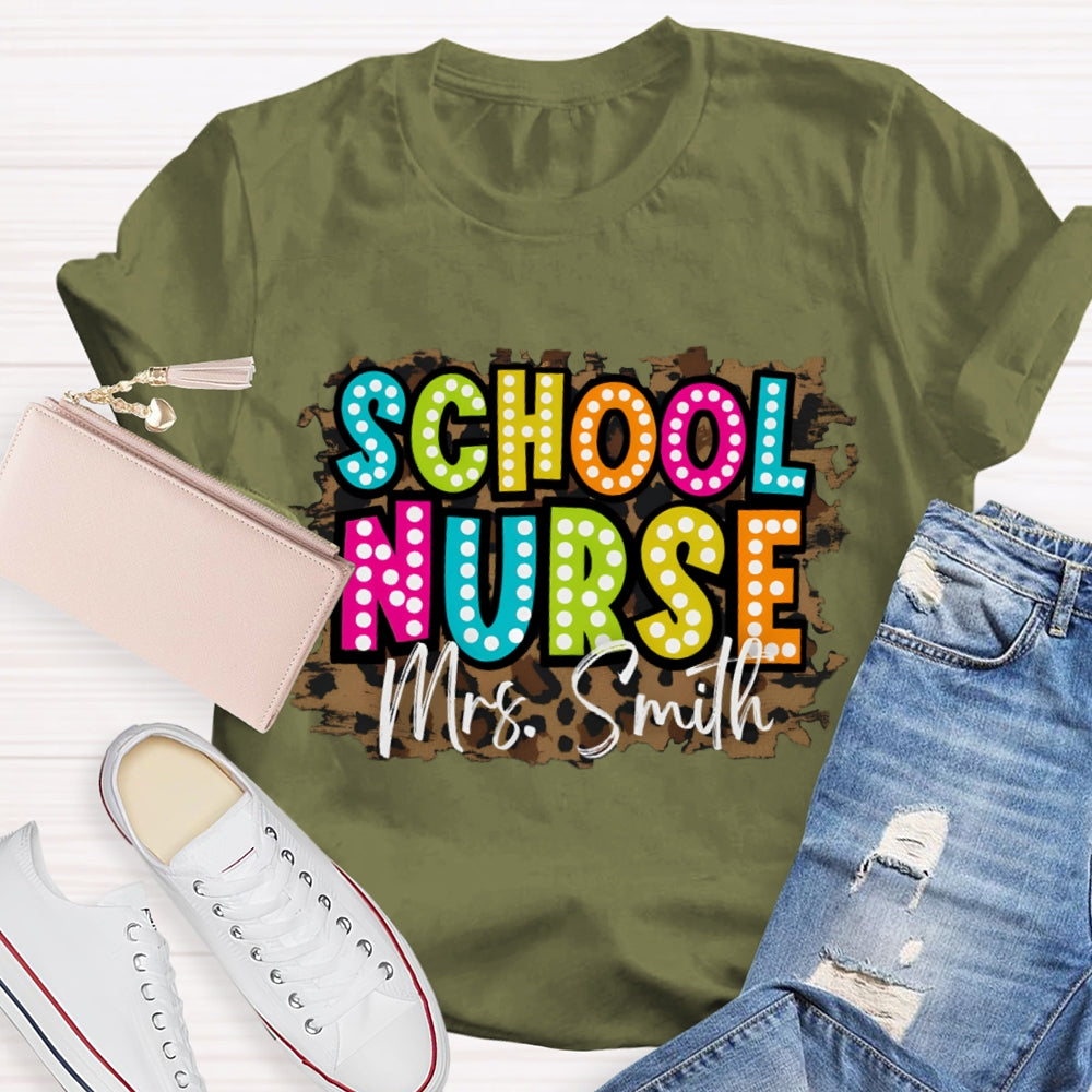 Personalized Name School Nurse Leopard Print T-shirt