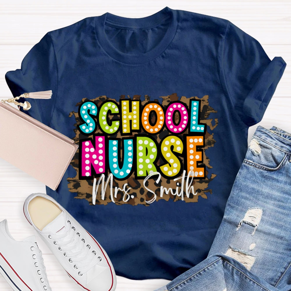 Personalized Name School Nurse Leopard Print T-shirt