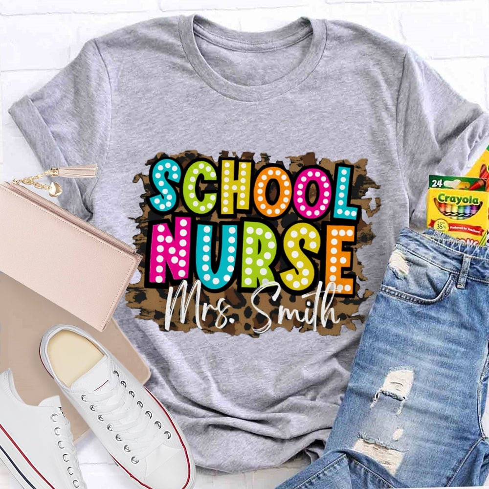 Personalized Name School Nurse Leopard Print T-shirt