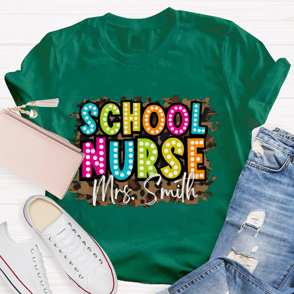 Personalized Name School Nurse Leopard Print T-shirt