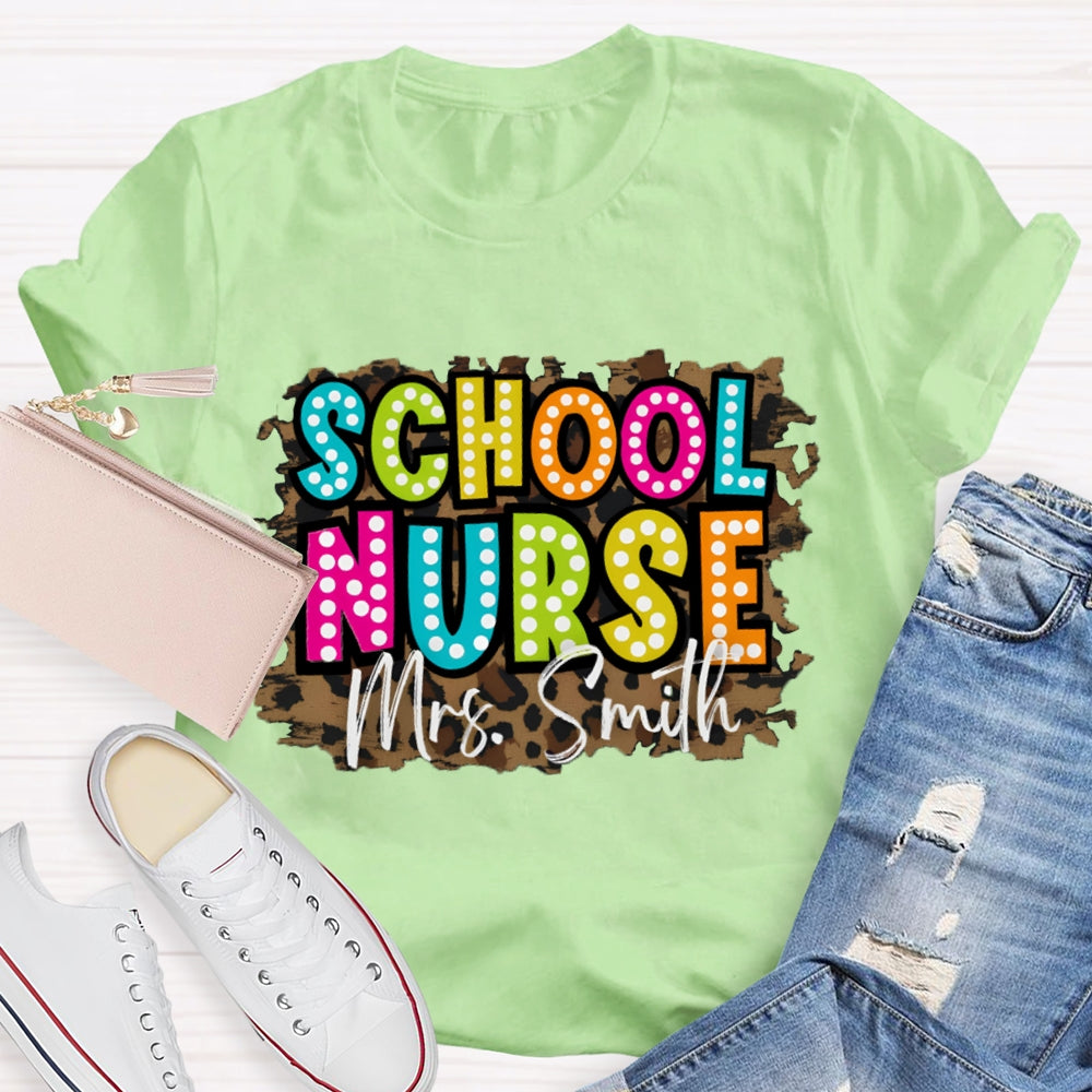 Personalized Name School Nurse Leopard Print T-shirt