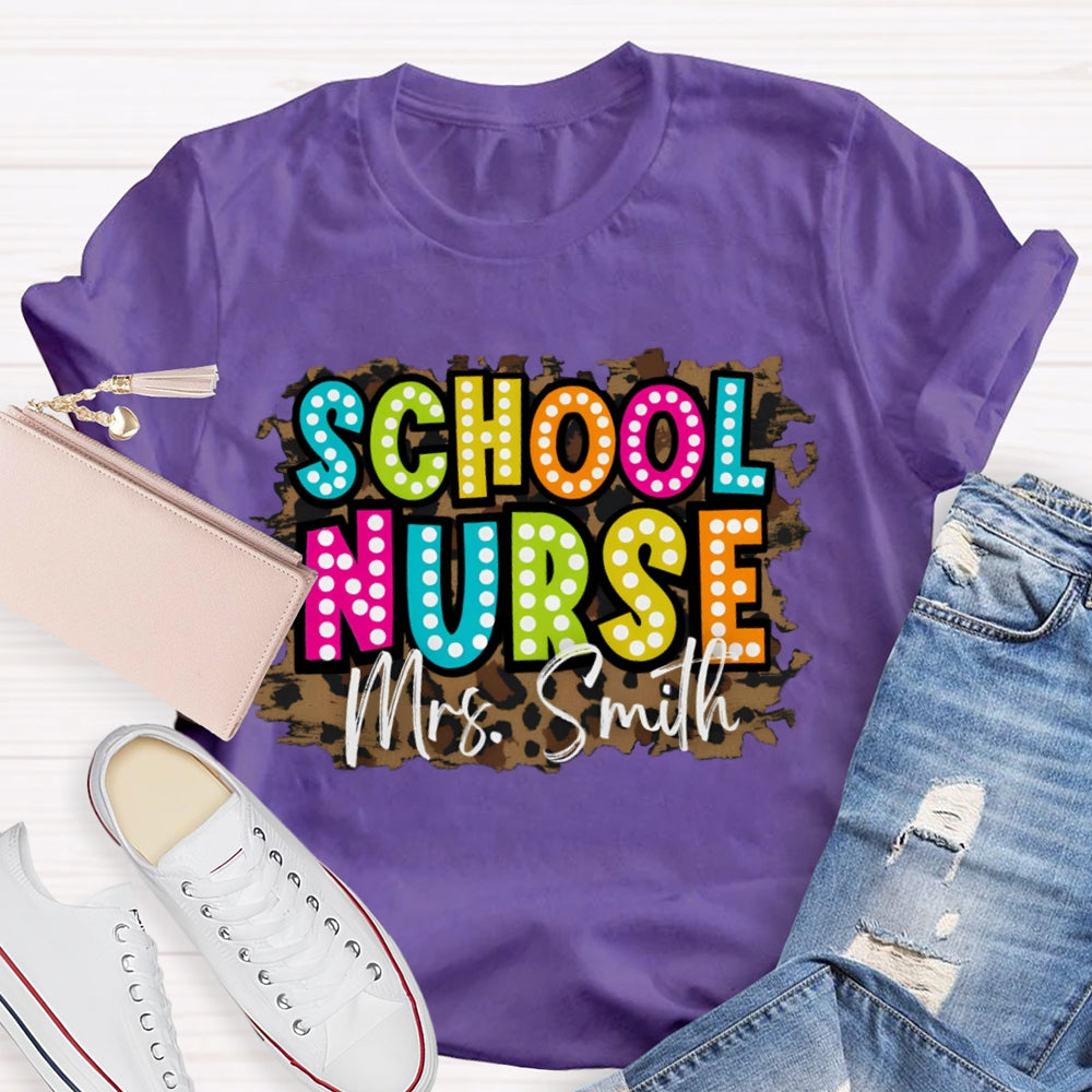 Personalized Name School Nurse Leopard Print T-shirt