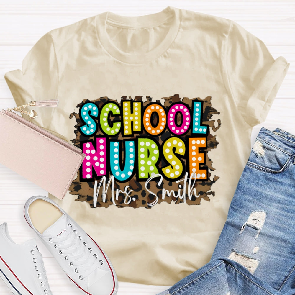 Personalized Name School Nurse Leopard Print T-shirt