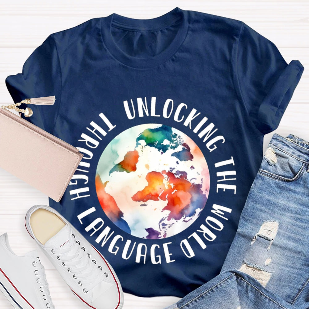 Unlocking the World Through Language Watercolor Earth T-shirt