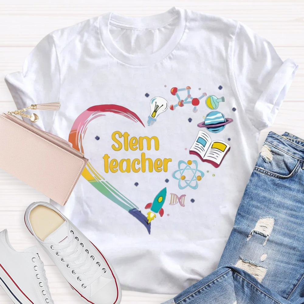 Stem A Heart Made Of Light Bulbs, School Bags And Airplanes Science Math Art And Chemistry Teacher T-shirt