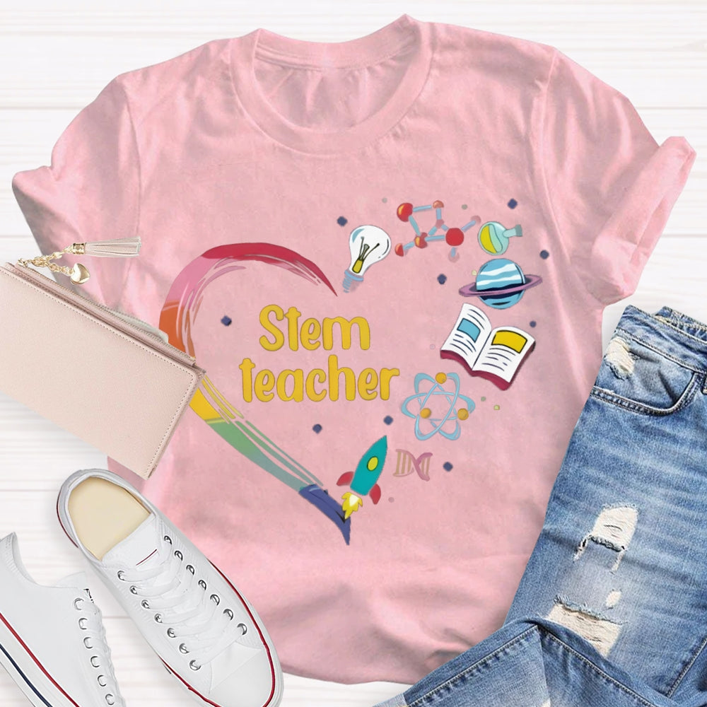Stem A Heart Made Of Light Bulbs, School Bags And Airplanes Science Math Art And Chemistry Teacher T-shirt