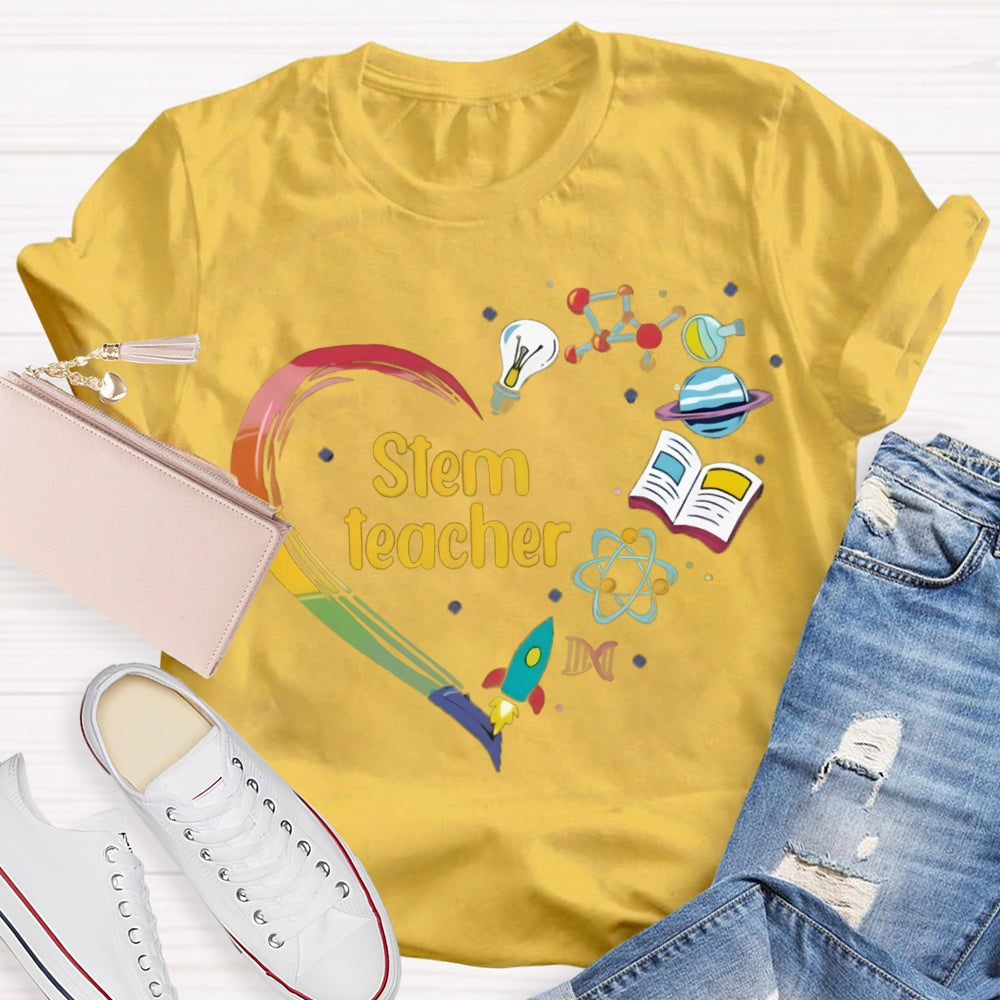 Stem A Heart Made Of Light Bulbs, School Bags And Airplanes Science Math Art And Chemistry Teacher T-shirt