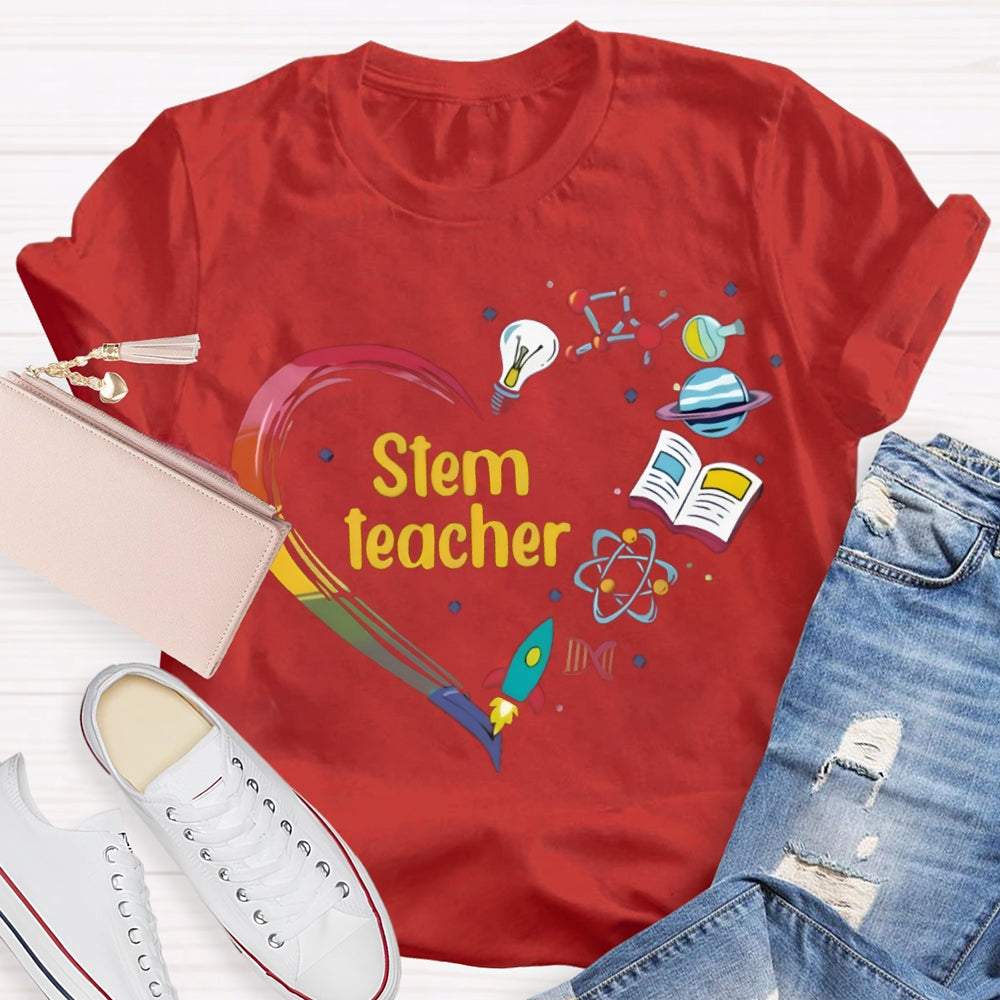 Stem A Heart Made Of Light Bulbs, School Bags And Airplanes Science Math Art And Chemistry Teacher T-shirt