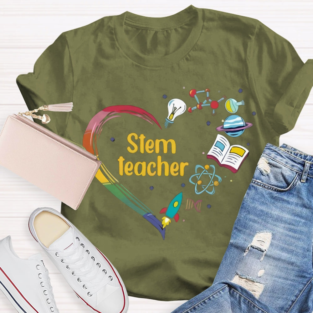 Stem A Heart Made Of Light Bulbs, School Bags And Airplanes Science Math Art And Chemistry Teacher T-shirt
