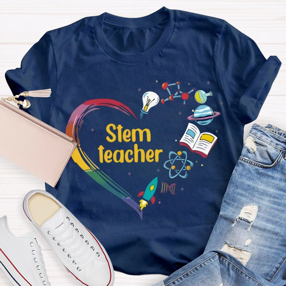 Stem A Heart Made Of Light Bulbs, School Bags And Airplanes Science Math Art And Chemistry Teacher T-shirt