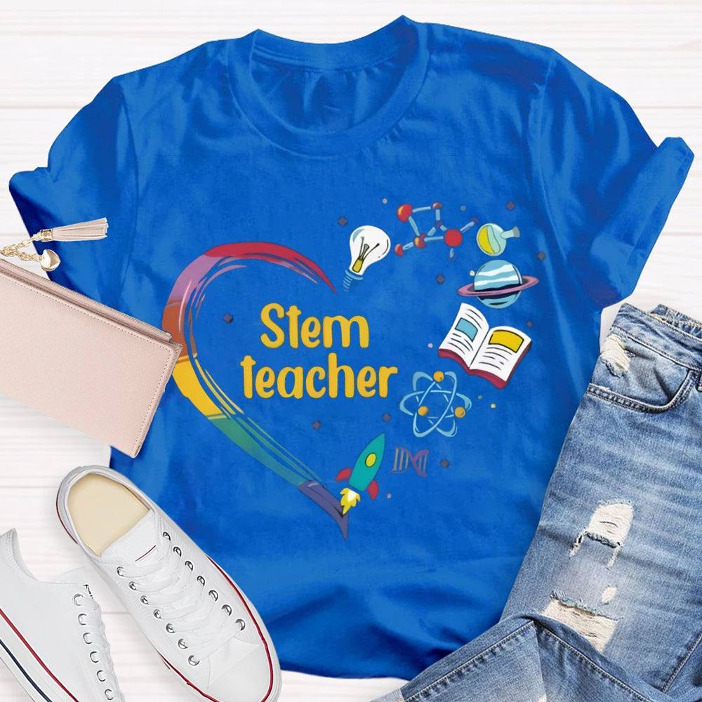 Stem A Heart Made Of Light Bulbs, School Bags And Airplanes Science Math Art And Chemistry Teacher T-shirt