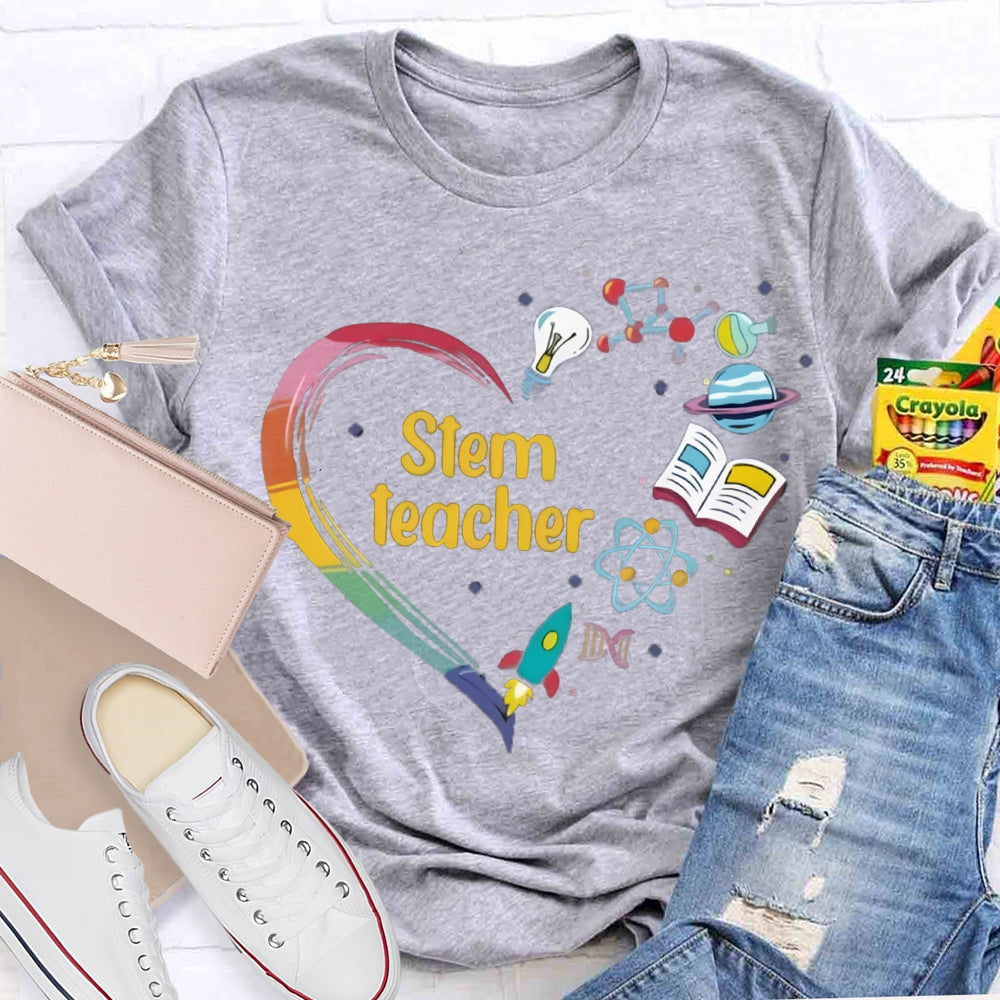Stem A Heart Made Of Light Bulbs, School Bags And Airplanes Science Math Art And Chemistry Teacher T-shirt