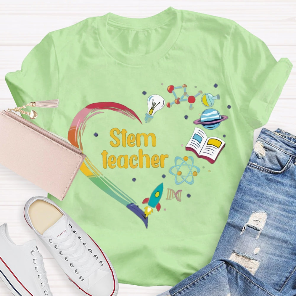 Stem A Heart Made Of Light Bulbs, School Bags And Airplanes Science Math Art And Chemistry Teacher T-shirt