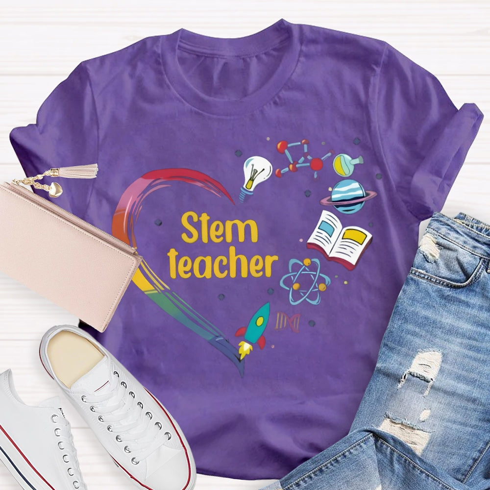 Stem A Heart Made Of Light Bulbs, School Bags And Airplanes Science Math Art And Chemistry Teacher T-shirt