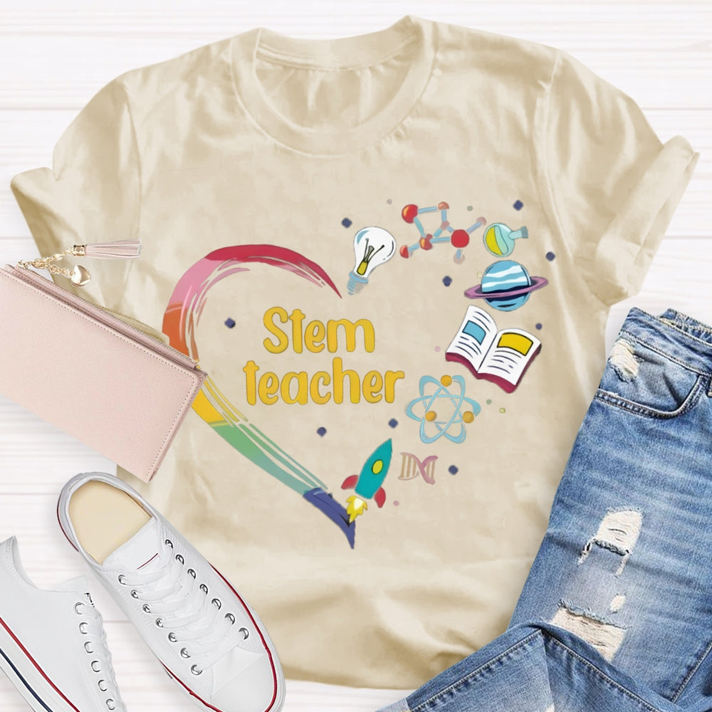 Stem A Heart Made Of Light Bulbs, School Bags And Airplanes Science Math Art And Chemistry Teacher T-shirt