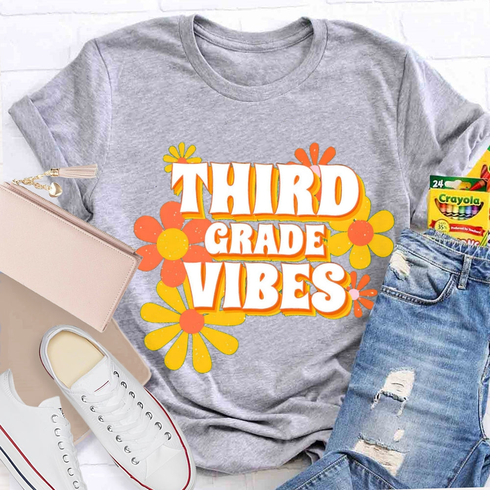 Personalized Third Grade Vibes Flowers Teacher T-Shirt
