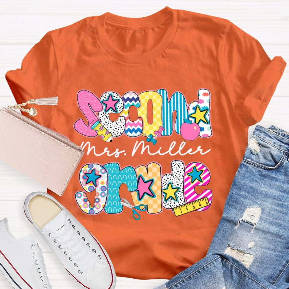 Personalized Name And Grade Second Grade Colorful Letter Print Teacher T-shirt
