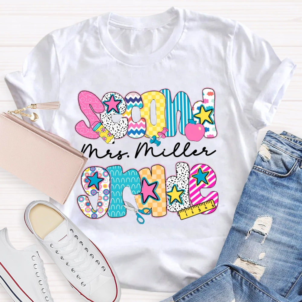 Personalized Name And Grade Second Grade Colorful Letter Print Teacher T-shirt