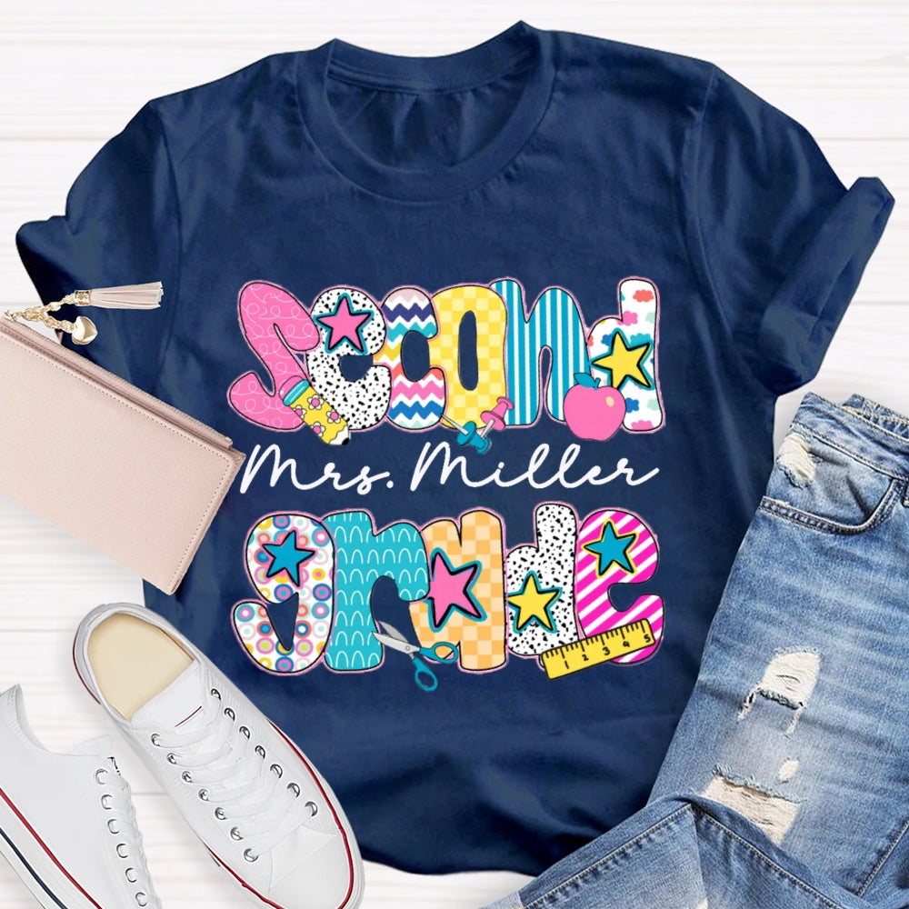 Personalized Name And Grade Second Grade Colorful Letter Print Teacher T-shirt