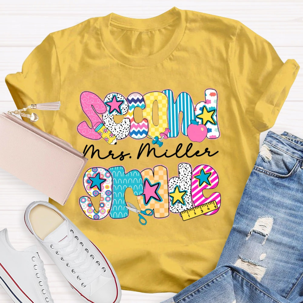 Personalized Name And Grade Second Grade Colorful Letter Print Teacher T-shirt