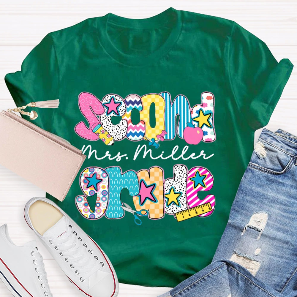 Personalized Name And Grade Second Grade Colorful Letter Print Teacher T-shirt