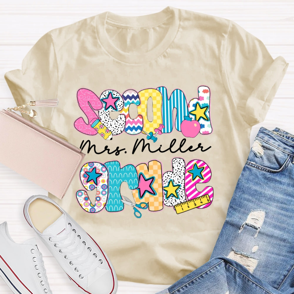 Personalized Name And Grade Second Grade Colorful Letter Print Teacher T-shirt