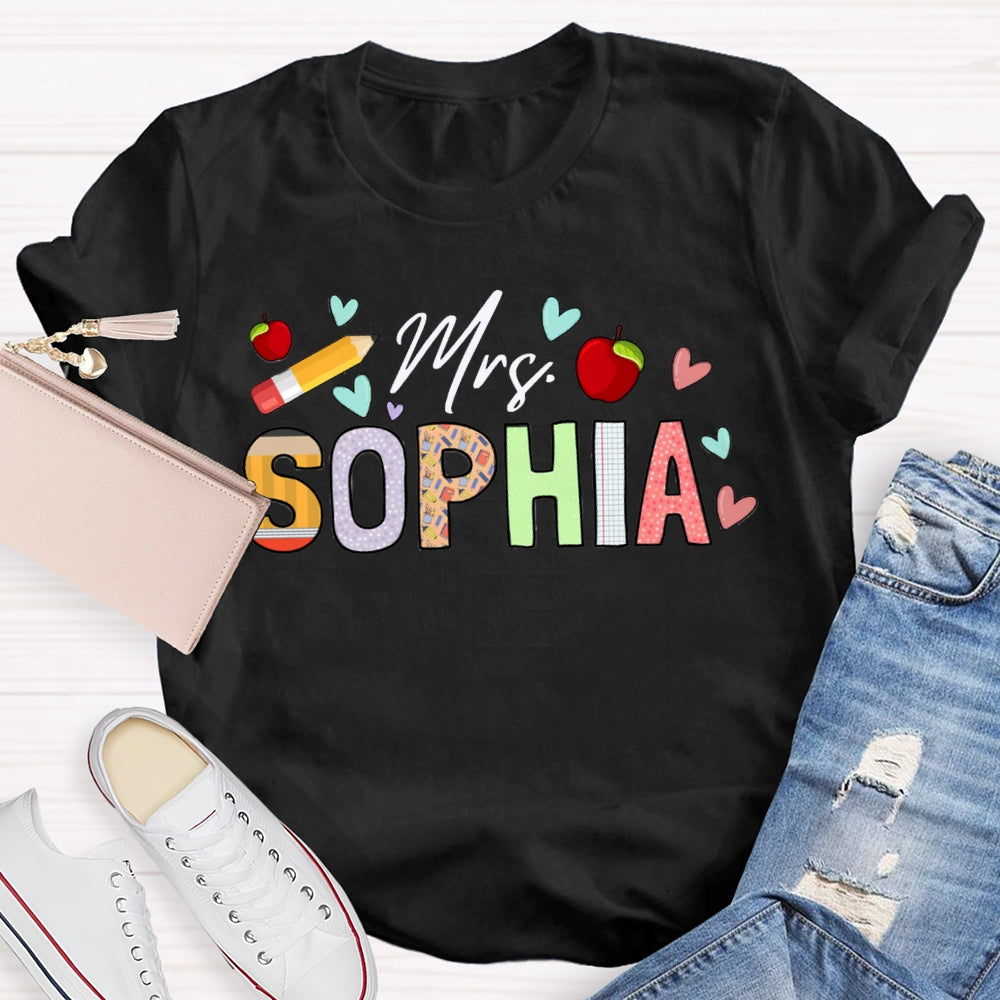 Personalized Name Apples And Heart Pattern Teacher T-shirt