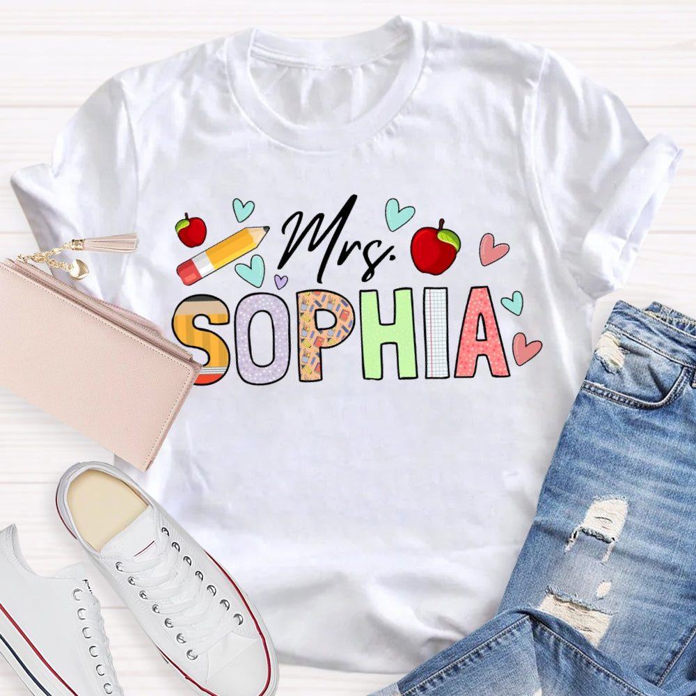 Personalized Name Apples And Heart Pattern Teacher T-shirt