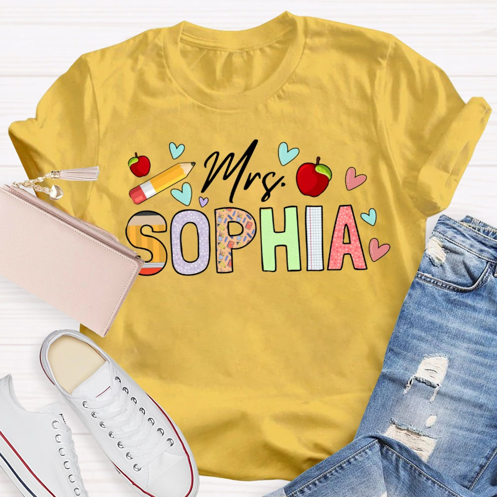 Personalized Name Apples And Heart Pattern Teacher T-shirt