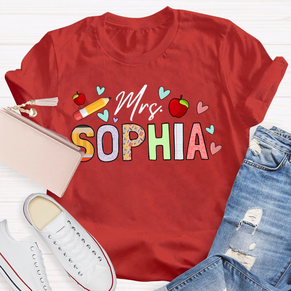 Personalized Name Apples And Heart Pattern Teacher T-shirt