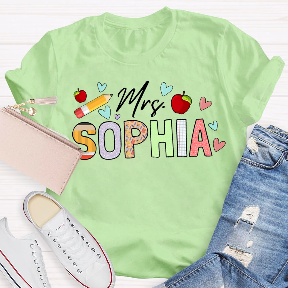 Personalized Name Apples And Heart Pattern Teacher T-shirt