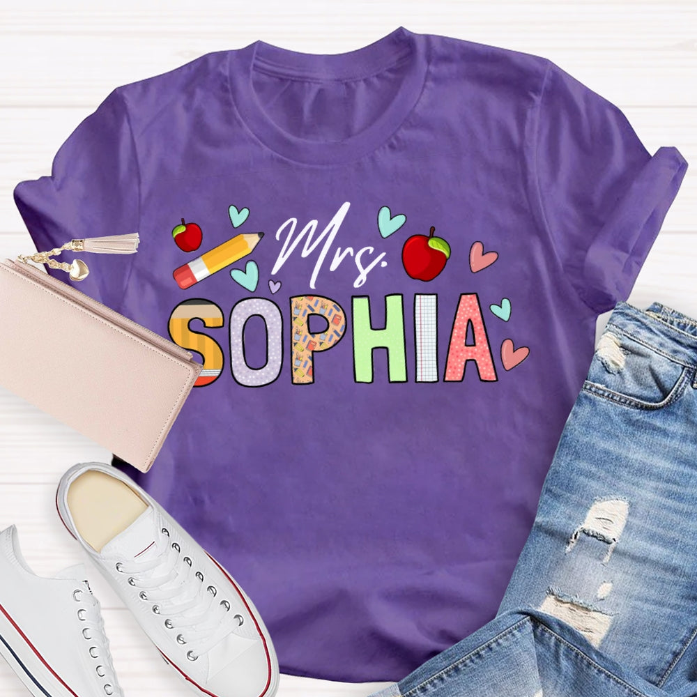 Personalized Name Apples And Heart Pattern Teacher T-shirt