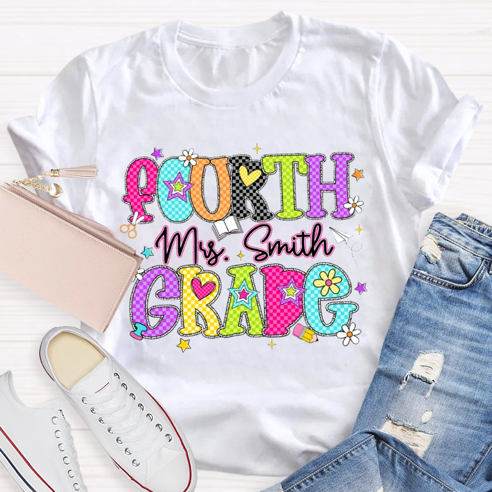 Personalized Name And Grade Fourth Grade Colorful Plaid Letter Print Teacher T-shirt