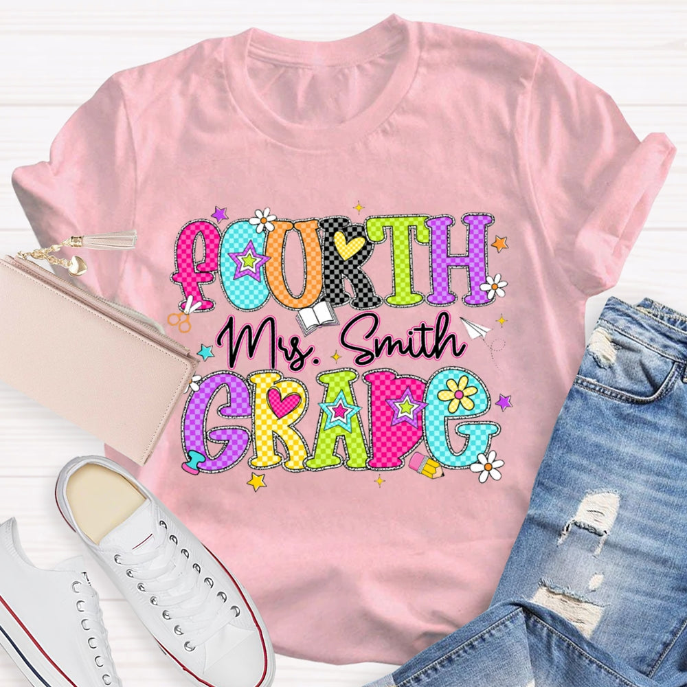Personalized Name And Grade Fourth Grade Colorful Plaid Letter Print Teacher T-shirt