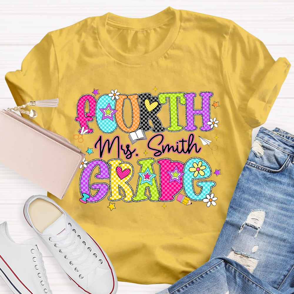 Personalized Name And Grade Fourth Grade Colorful Plaid Letter Print Teacher T-shirt