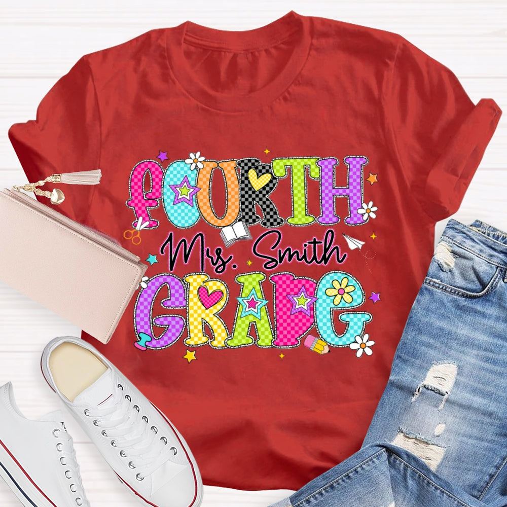 Personalized Name And Grade Fourth Grade Colorful Plaid Letter Print Teacher T-shirt
