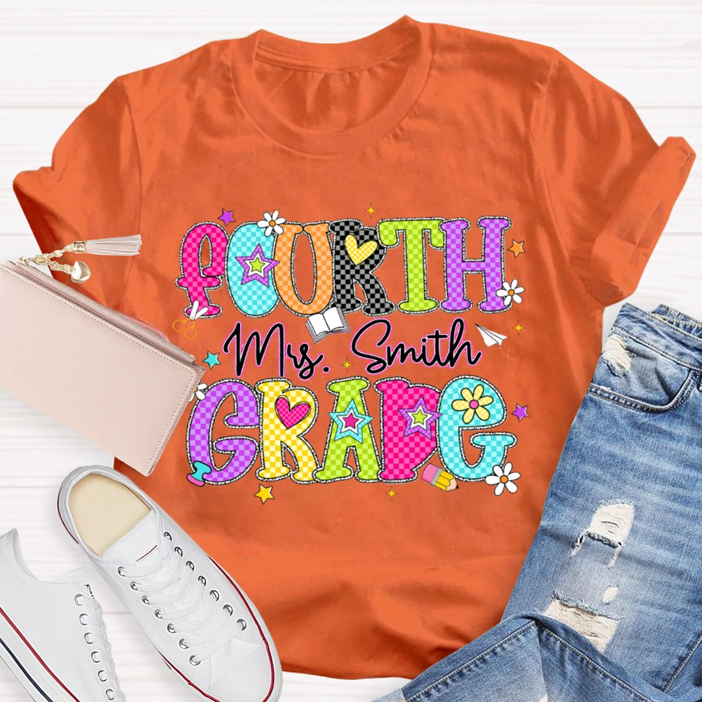 Personalized Name And Grade Fourth Grade Colorful Plaid Letter Print Teacher T-shirt