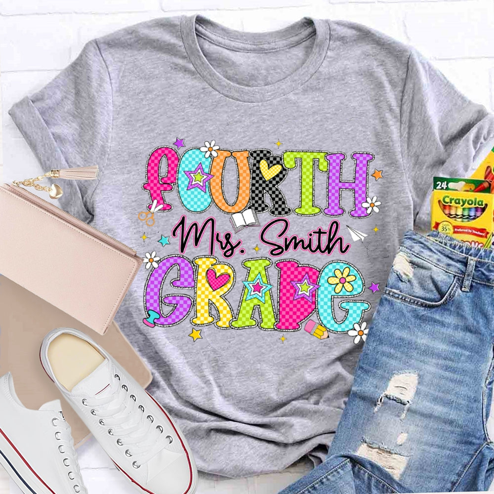 Personalized Name And Grade Fourth Grade Colorful Plaid Letter Print Teacher T-shirt