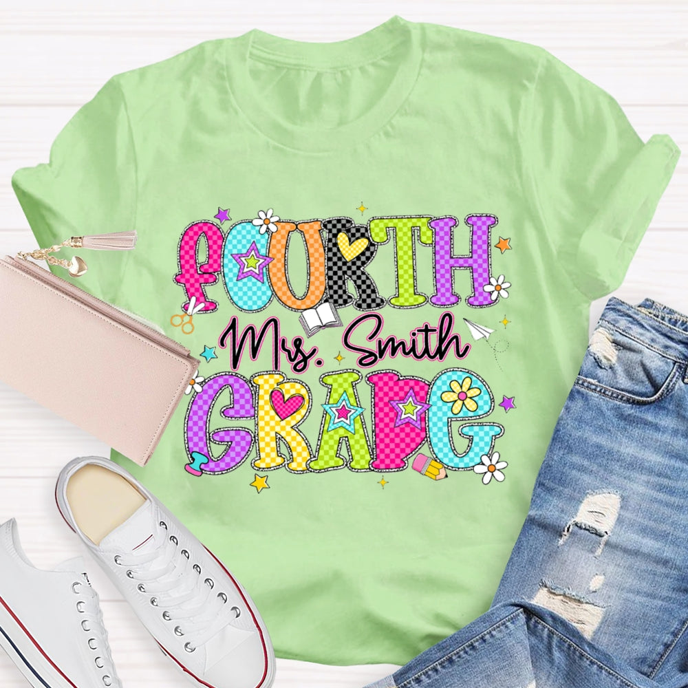 Personalized Name And Grade Fourth Grade Colorful Plaid Letter Print Teacher T-shirt