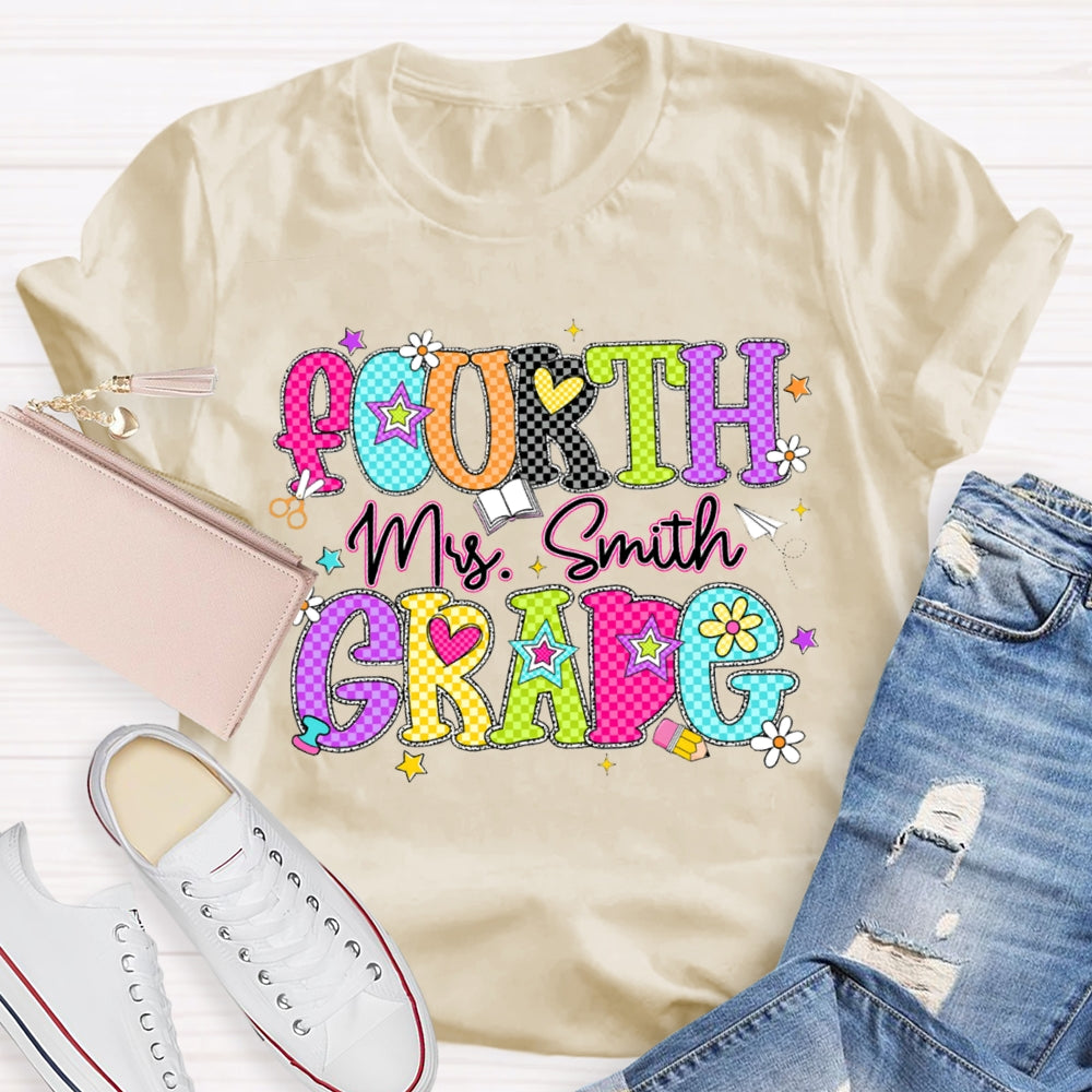 Personalized Name And Grade Fourth Grade Colorful Plaid Letter Print Teacher T-shirt