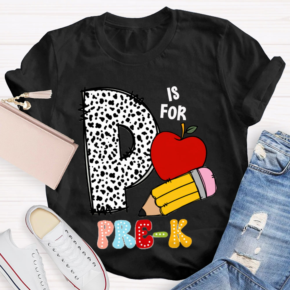 Personalized Grade Pre-K Polka Dot Letters Apple And Yellow Pencil T-shirt