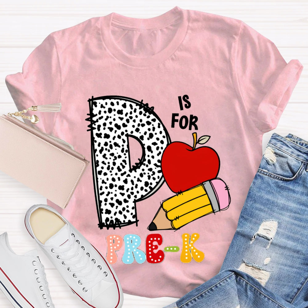 Personalized Grade Pre-K Polka Dot Letters Apple And Yellow Pencil T-shirt